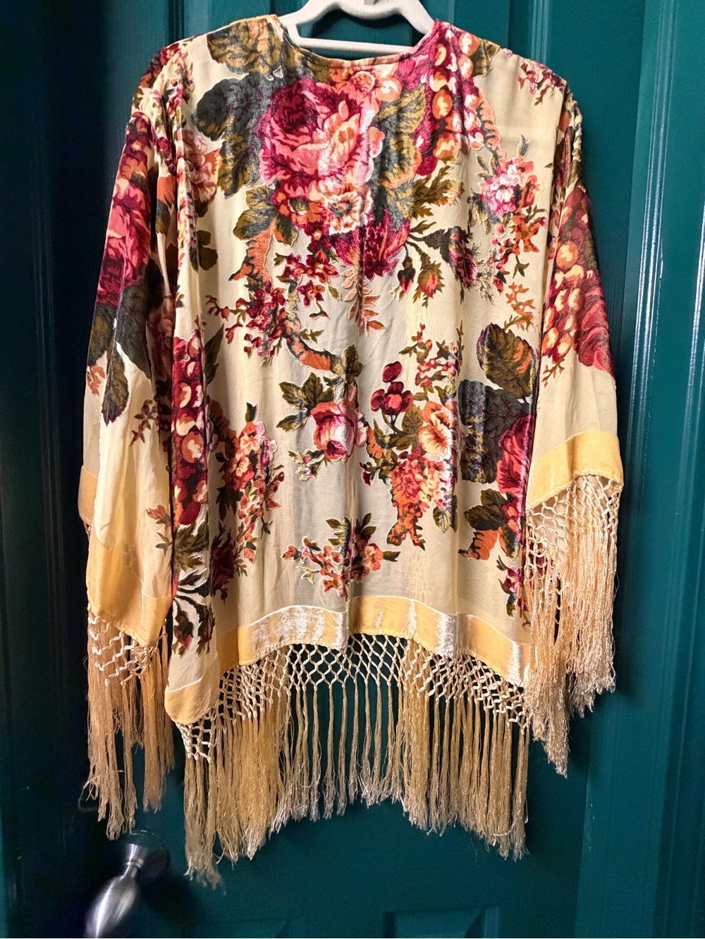 Vintage Silk Velvet floral kimono with fringe